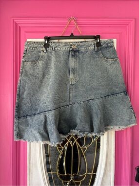ODDY Faded Blue Asymmetrical Denim Ruffle Skirt